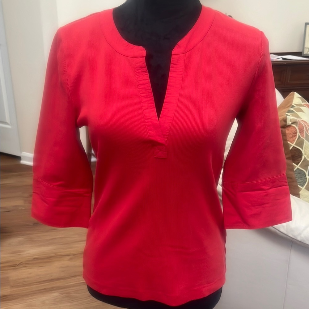 Maeve Bright Red Split-Neck 3/4 Sleeve Top